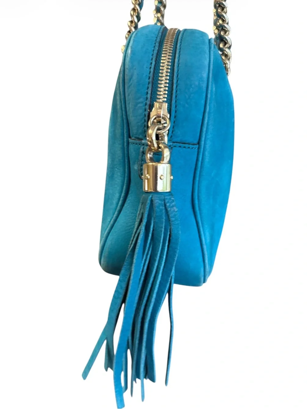 Gucci Soho Chain Strap Suede Leather Medium Bowler Bag Teal Blue Gold